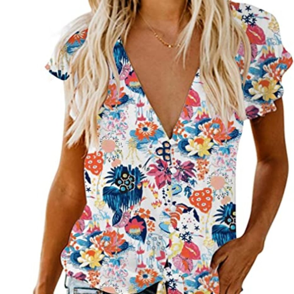 Short Sleeve V Neck Tie Front Blouse